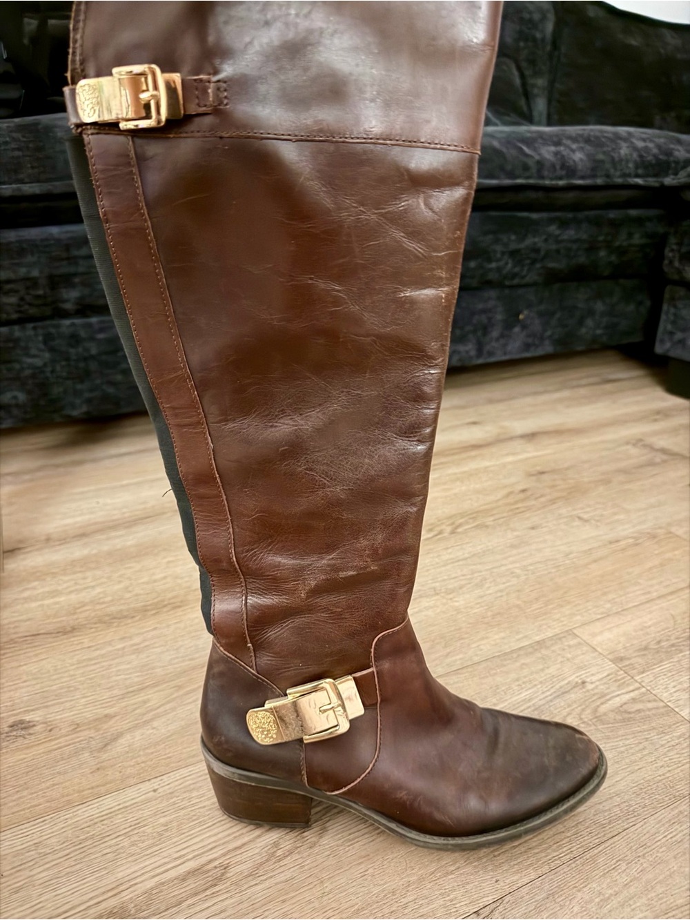 Vince Camuto Brown Leather Over-The-Knee Boots with Gold Buckles